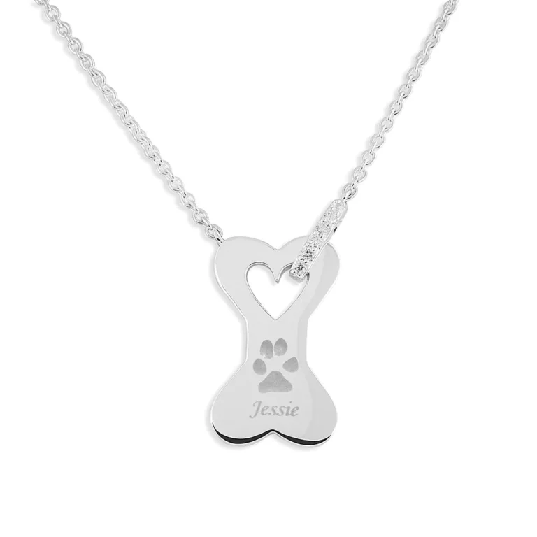 Engraved Dog Bone Pawprint Memorial Necklace with Fine Crystals