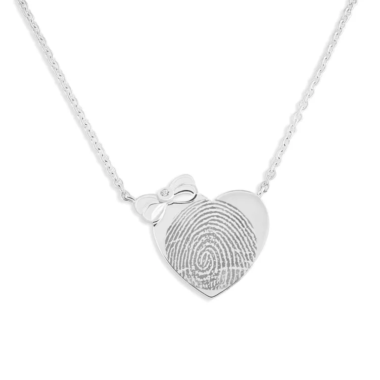 Engraved Heart and Bow Fingerprint Memorial Necklace with Fine Crystal