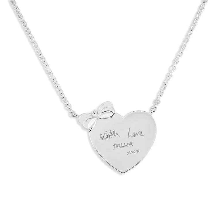 Engraved Heart and Bow Handwriting Memorial Necklace with Fine Crystal