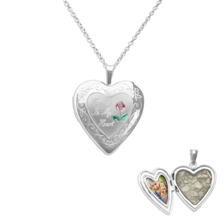 Pink Rose Heart Shaped Sterling Silver Memorial Ashes Locket